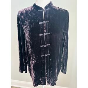 Eileen Fisher Crushed Velvet Mandarin Collar Frog Closure Top Tunic Plum SP
